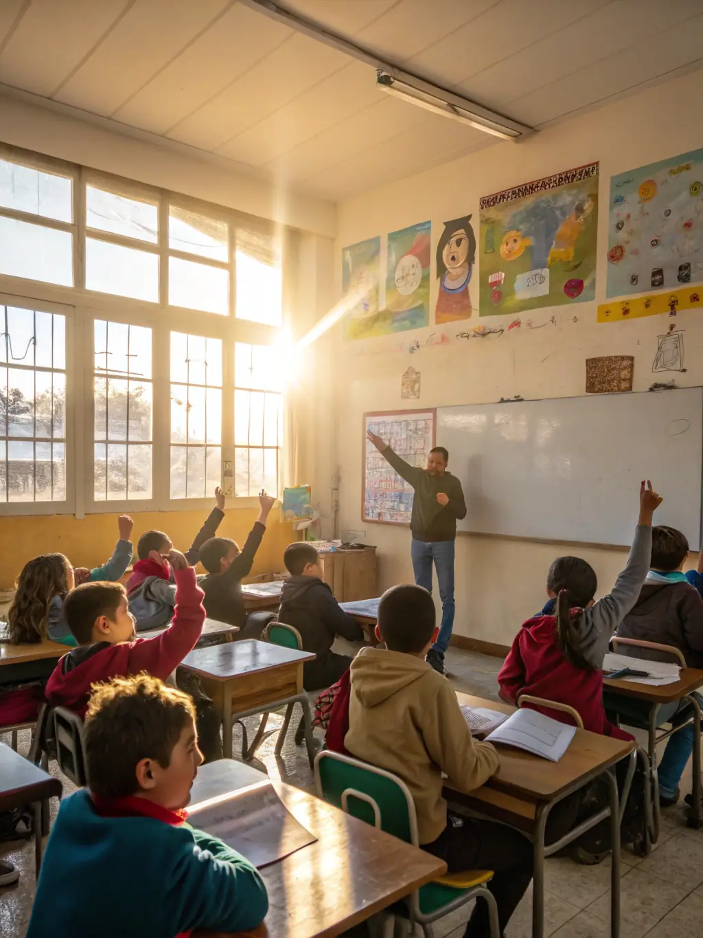 A classroom setting where children are watching and discussing a classic film, promoting media literacy and appreciation for film history.