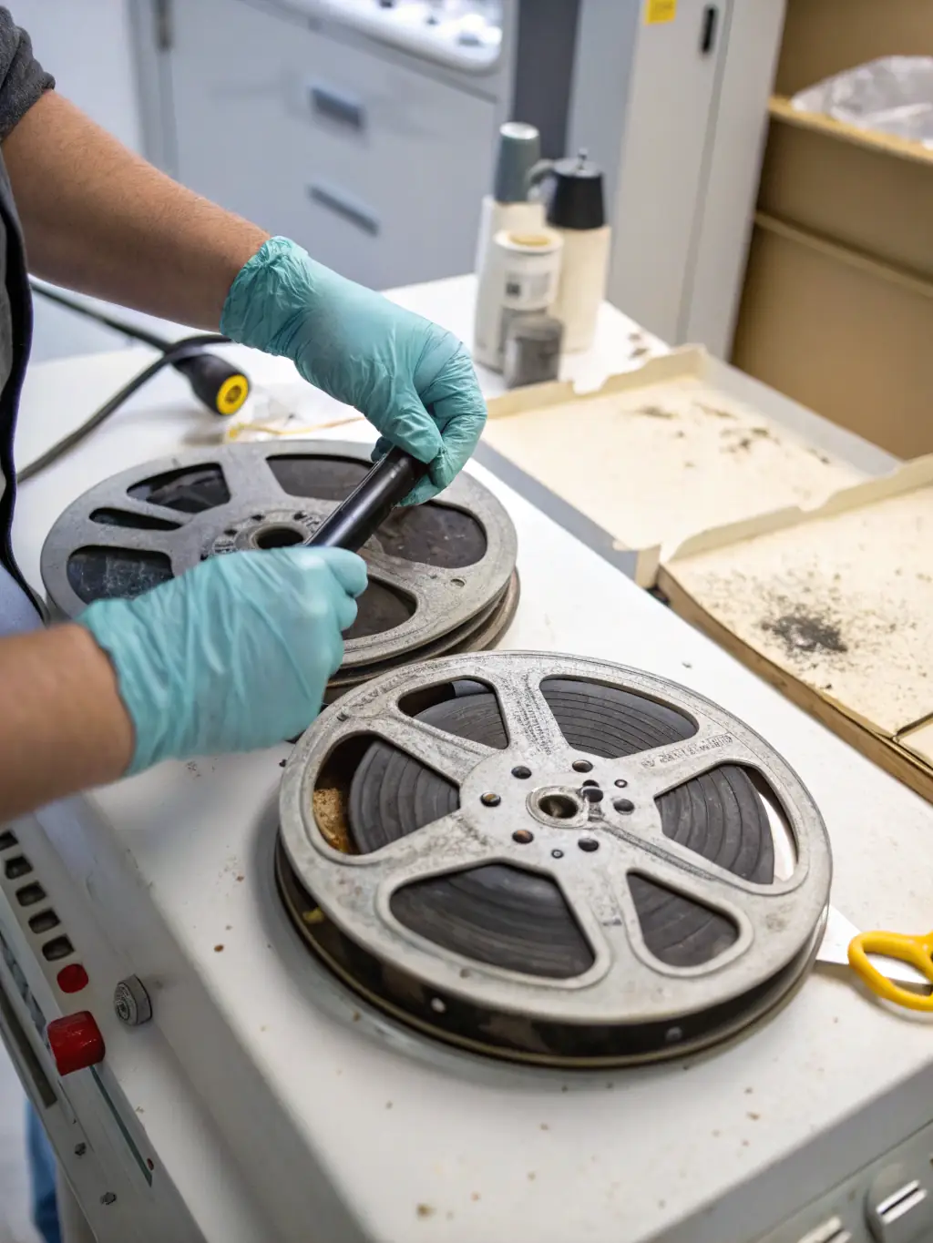A vintage film reel being carefully inspected and cleaned by a preservationist in a dimly lit archive, showcasing the meticulous work involved in preserving cinematic heritage.