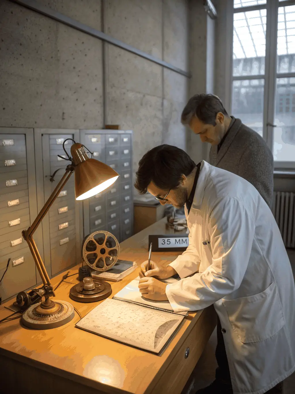 A photograph of a film restoration workshop in progress, showing volunteers carefully cleaning and repairing old film reels. The setting is a well-lit, organized workspace with specialized equipment.