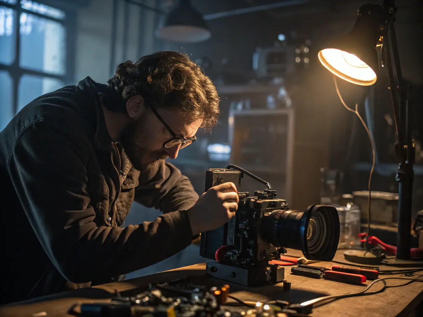 A vibrant image depicting participants actively engaged in a film restoration workshop, surrounded by vintage film equipment and archival materials.