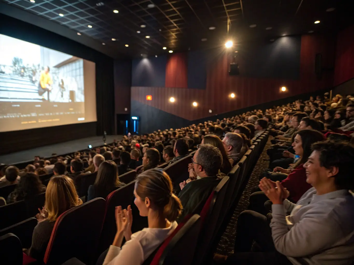 A dynamic image of a film screening event, with an audience watching a classic film and engaging in a post-screening discussion.