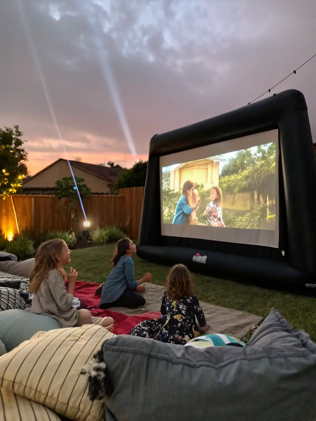 A photograph capturing a scene from a classic French film being screened at one of MON CHER PATRIMOINE's outdoor cinema events, with a diverse audience enjoying the movie under the stars.