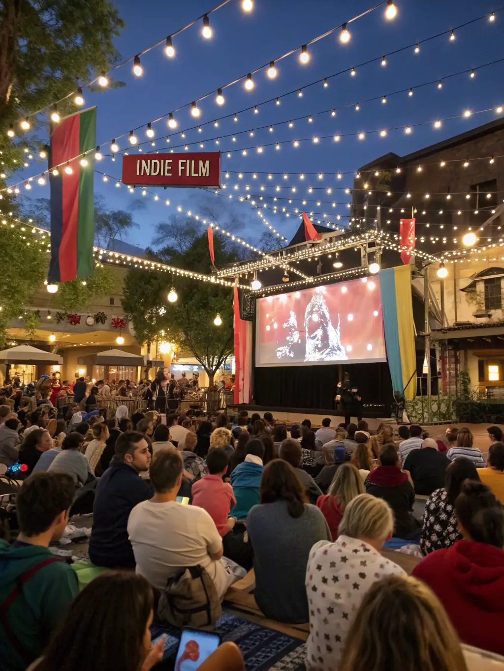 A vibrant image of a classic film screening event held outdoors, with a diverse audience enjoying the movie under the stars. The atmosphere is festive and engaging.